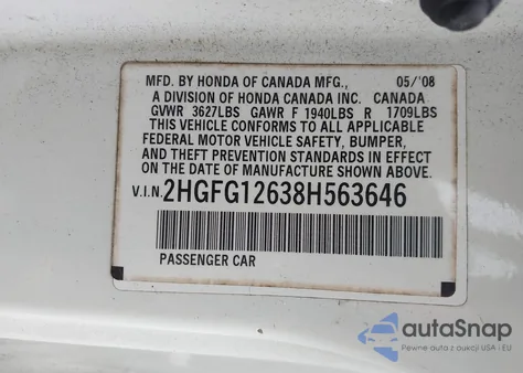2008 Honda Civic Lx from USA, damaged, VIN 2HGFG12638H563646